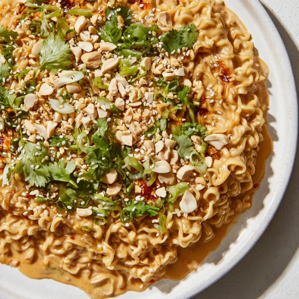 These vibrant Instant Peanut Thai Sauce Noodles are beautifully plated with crunchy toppings and lime wedges.