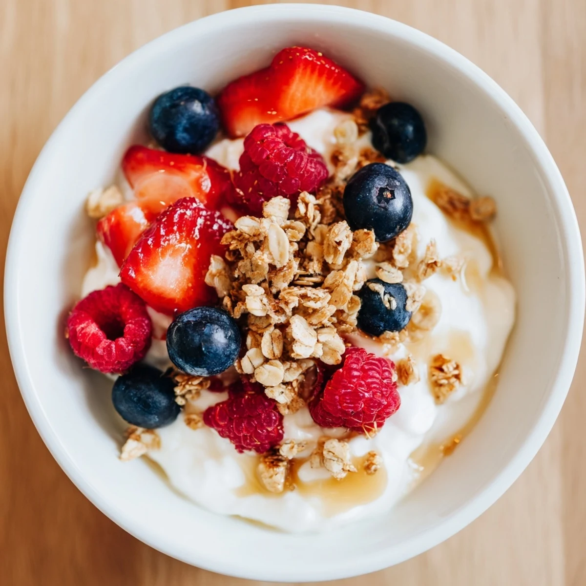 A bowl of Cottage Cheese Hot Honey, showcasing fresh berries and crunchy granola.