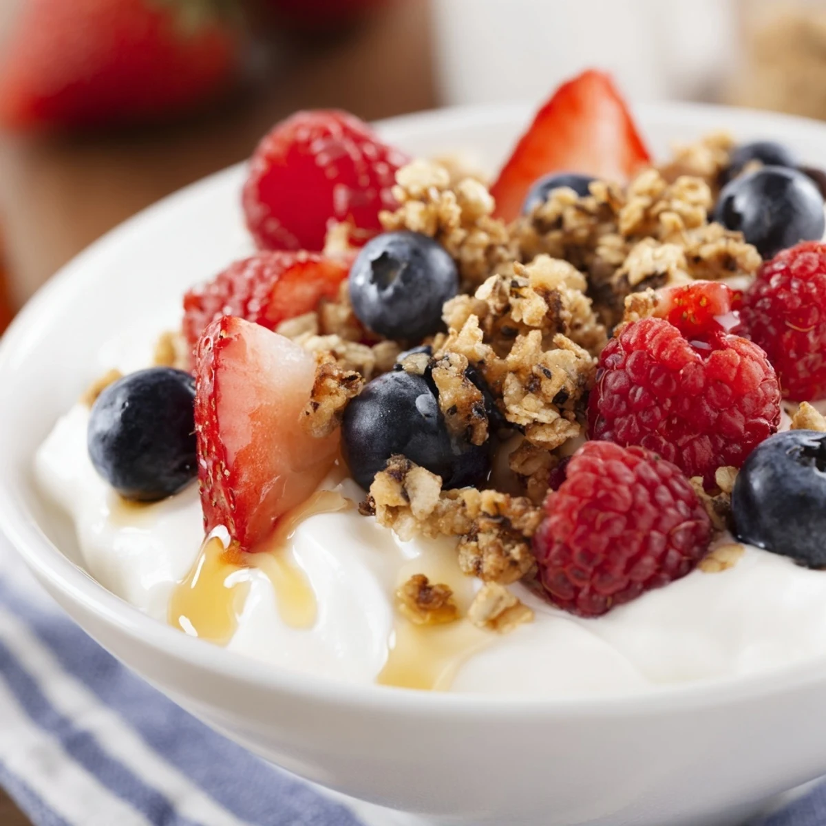 The vibrant Cottage Cheese Hot Honey bowl: a mix of sweet berries, a drizzle of hot honey, and creamy cottage cheese.