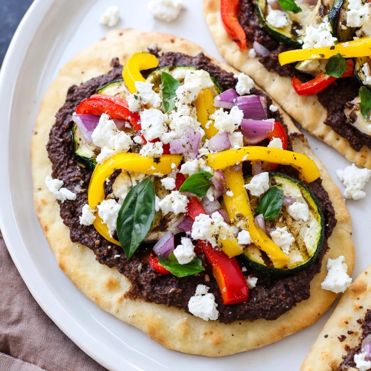 Mediterranean naan bread pizza with vibrant roasted vegetables and creamy feta cheese.