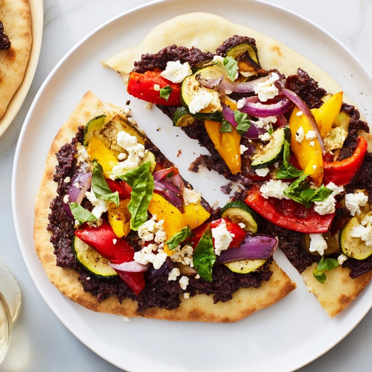 Golden, bubbly naan bread pizza topped generously with feta, olive tapenade, and roasted veggies.