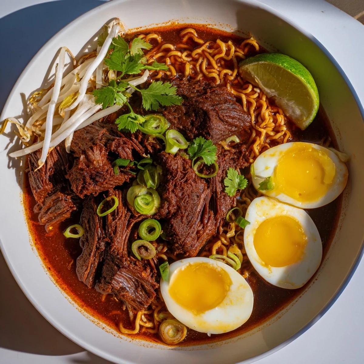 Close-up of Chaos Cooking Birria Ramen, featuring rich broth with ramen noodles and cilantro.