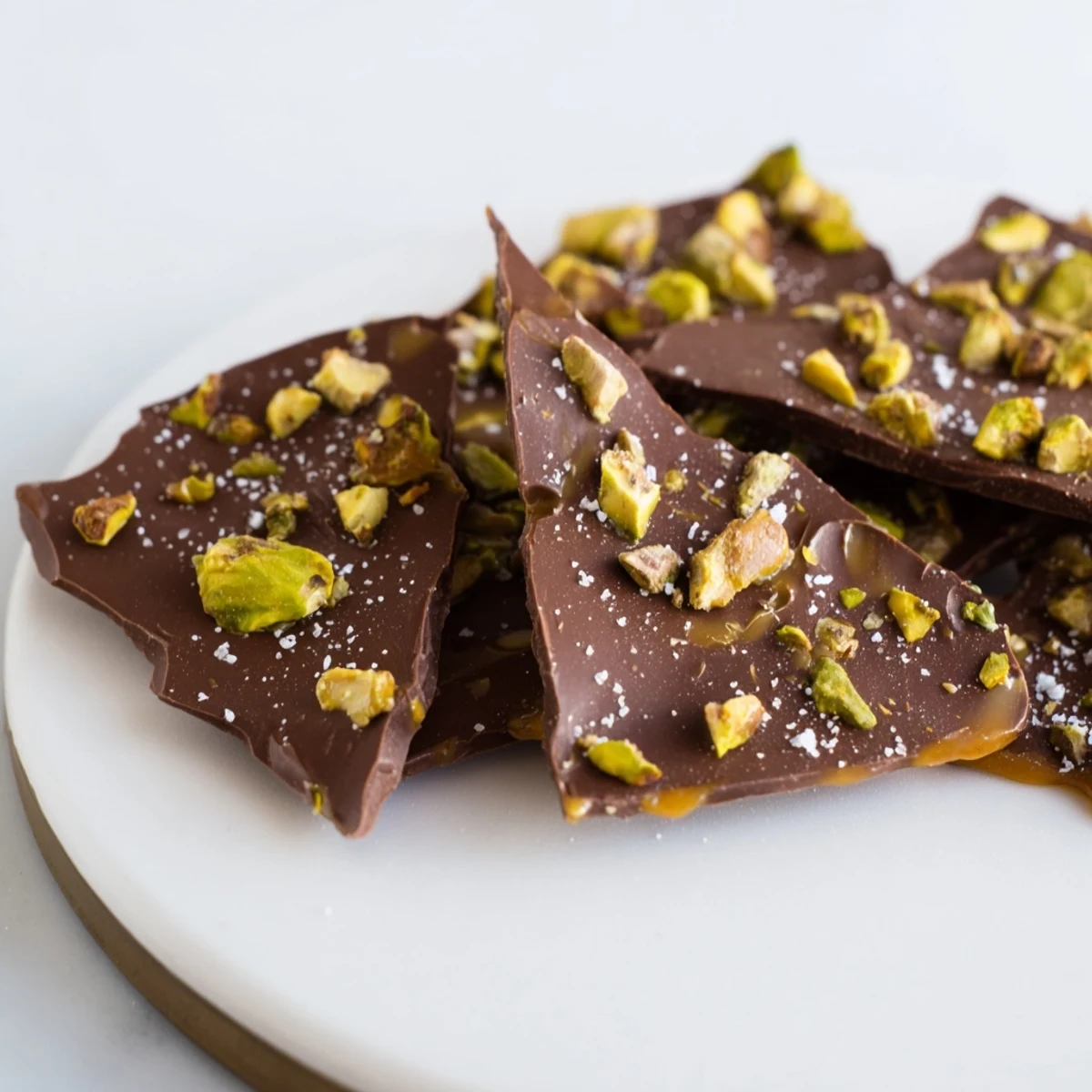 Rich, dark chocolate forms the base of this Pistachio Salted Caramel Bark, ready to be broken into pieces.