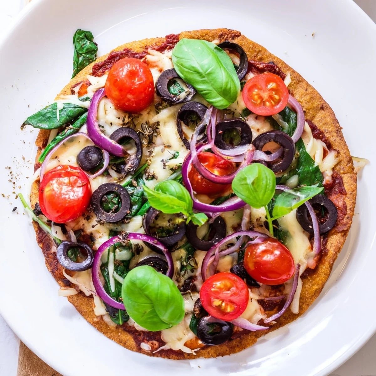 Golden-brown Crispy Tortilla Pizza, fresh from the oven, with melted cheese and vibrant toppings.