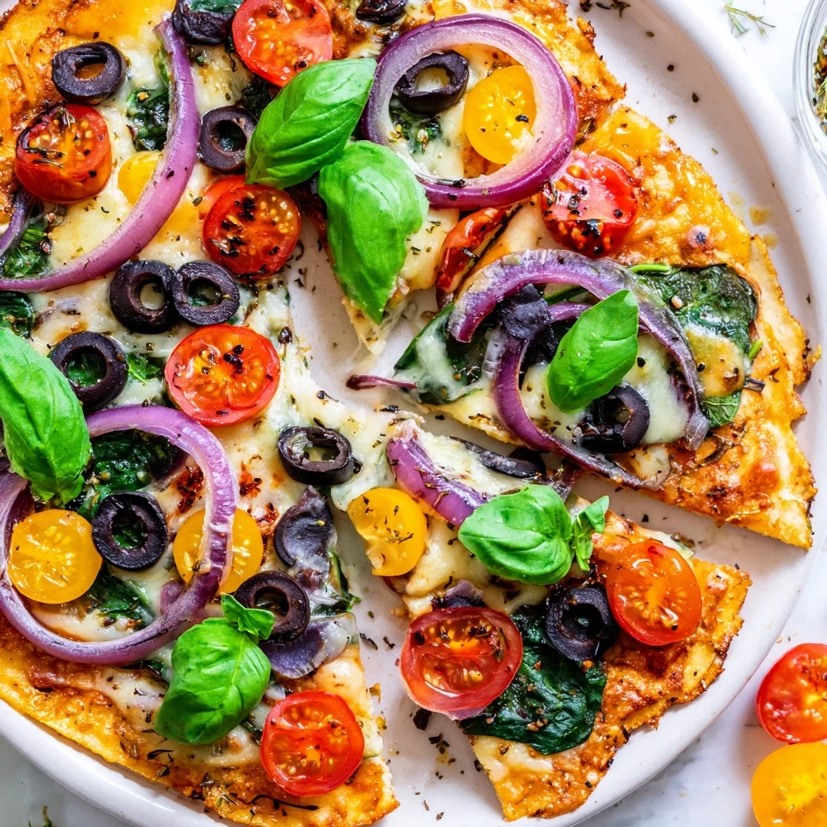 A close-up shot of a homemade Crispy Tortilla Pizza, showcasing its crispy base and delicious toppings.