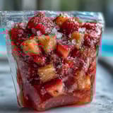 Leuchtend rote und gelbe Frozen Daiquiri-Portionen in wiederverwendbaren Beuteln, ideal zum Vorbereiten.  