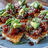 Genießen Sie diesen Crispy Rice Salad mit Avocado, würzigem Thunfisch, knackigem Gemüse.