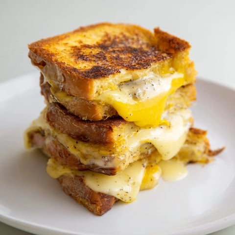 Golden melted cheese oozes from a Custard French Toast Grilled Cheese, a delicious brunch idea.
