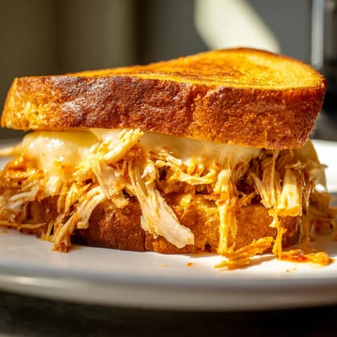 Chili Crisp Honey Chicken Grilled Cheese, golden brown and melty, ready to be sliced and enjoyed.