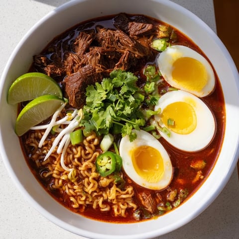 A steaming bowl of Chaos Cooking Birria Ramen, showing tender beef and vibrant toppings.