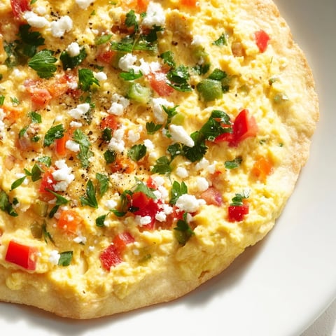 Turkish Menemen Eggs Pizza topped with creamy feta, ready to slice and serve for brunch.