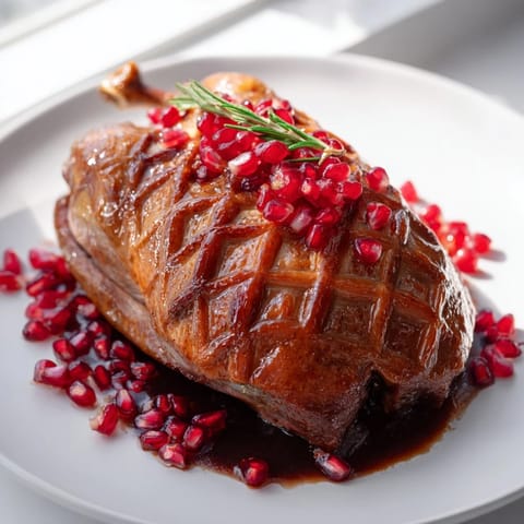 Perfectly cooked roasted duck breast with pomegranate reduction, a flavorful main dish ready to serve.