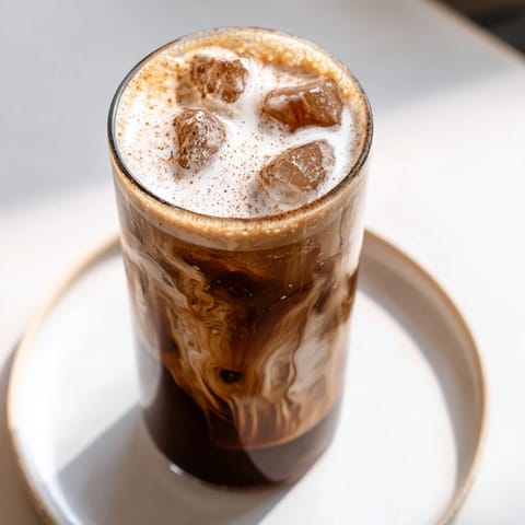 Silky Iced Brown Sugar Oat Latte topped with a cinnamon sprinkle, perfect for a sunny afternoon treat.