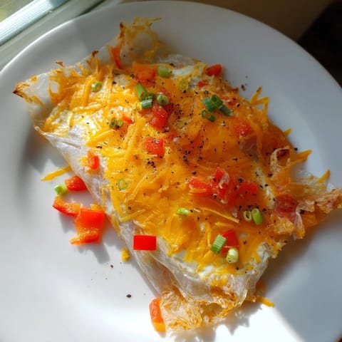 Golden-brown Rice Paper Egg Cheese Wrap, pan-fried to perfection, a quick and easy breakfast idea.