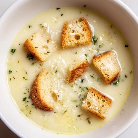 Warm bowl of Creamy Garlic Bread Soup, garnished with parsley, offering a delightful, comforting aroma.