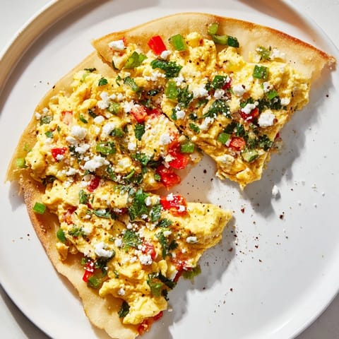 A close-up of delicious Turkish Menemen Eggs Pizza, with fresh parsley and bubbly cheese on top.