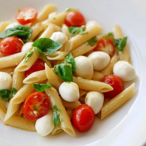 Caprese Salad Pasta mit frischen Kirschtomaten und cremigen Mozzarella-Perlen auf einem Brett.