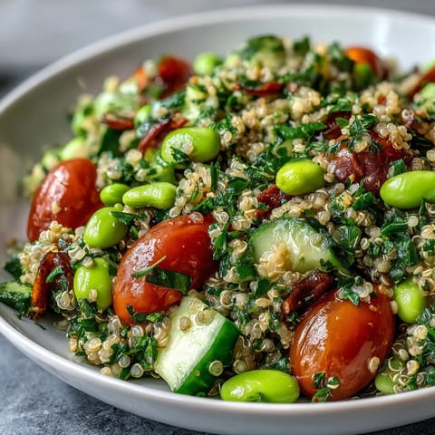 Edamame and Quinoa Salad in a rustic white bowl, garnished with crisp cucumber, red onion, and a sprinkle of chopped parsley and mint.