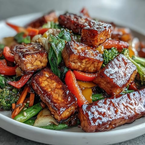 Hausgemachte Gemüse Tempeh-Pfanne mit duftenden Gewürzen und zartem Tempeh.