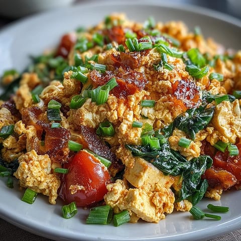 Würziger veganer Tofu-Scramble mit bunten Paprika und Spinat, ein herzhaftes Frühstück.