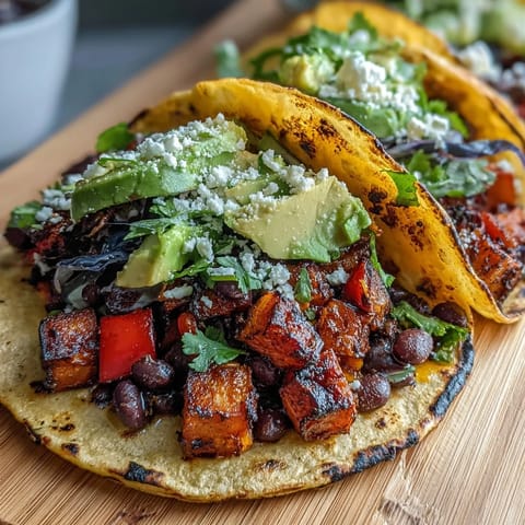 Black bean and sweet potato tacos with avocado and red cabbage, served warm in corn tortillas, ready to eat with a lime wedge.