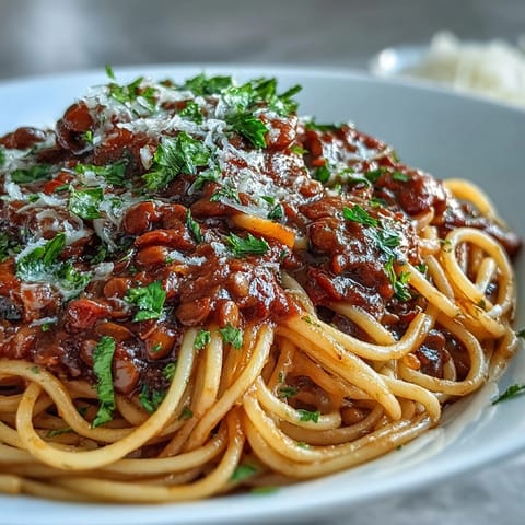 Eine cremige Linsen-Bolognese, reichhaltig und mit italienischen Kräutern serviert.