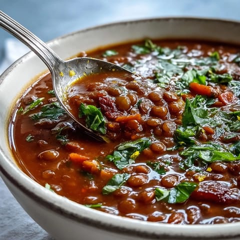 Köstliche Tomatensuppe mit Linsen dampft im Topf, würzig mit Kreuzkümmel und Rauchpaprika, serviert mit einem Klecks veganem Joghurt und Zitronensaft.