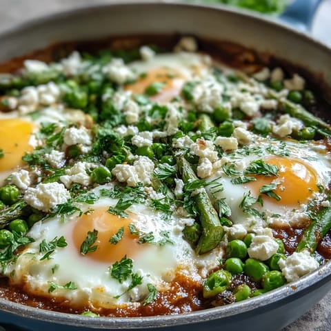 Sonnengekochte Pea and Broad Bean Shakshuka auf Ofenfrischbrot mit Minze und glasierter Paprika