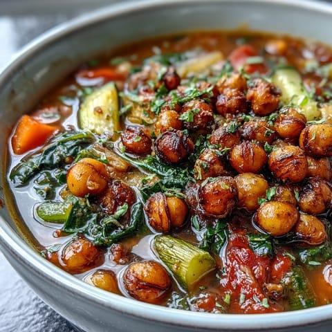Hearty bowl of Spiced Chickpea and Vegetable Soup featuring golden roasted chickpeas, spinach, and vibrant vegetables.