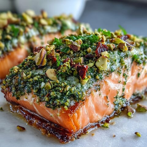 Köstliches Confit Salmon With Tahini, Pistachio and Herb Crust aus dem Ofen, goldbraun mit grünem Kräutertopping.
