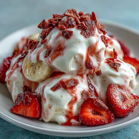 Frozen Strawberry & Banana Yoghurt Clusters on a baking sheet, glistening with honey and stuffed with crunchy fruit chips.
