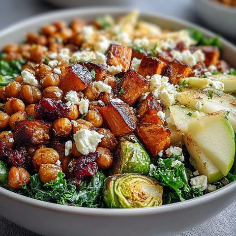 Der Fall Harvest Bowl kombiniert wild rice, Apfelstücke und knusprige Kichererbsen mit einer cremigen Feta-Note und einer würzigen Vinaigrette.