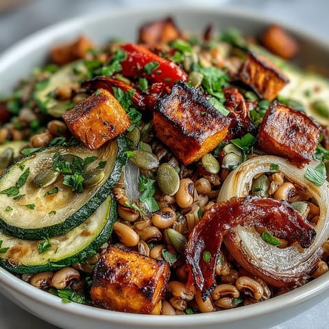 Herzhafter Black-Eyed Pea Grain Bowl belegt mit Kichererbsen, Koriander und fein zerbröseltem Feta auf einer Stoffunterlage