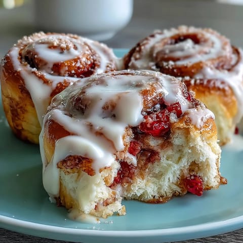 Frisch gebackene Strawberry Cinnamon Rolls mit cremiger Glasur und duftendem Teig.