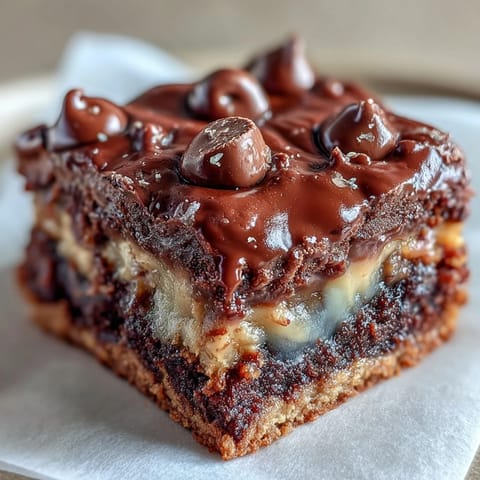 Ein reichhaltiger Peanut Butter Cup Dump Cake mit zarten Schokoladenkrümeln und klebrigen PB Cups, warm serviert.