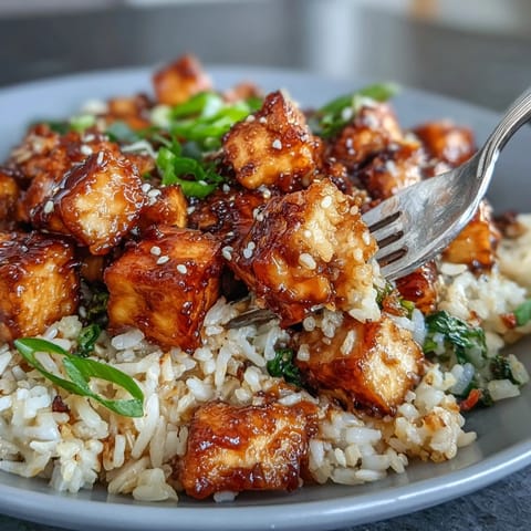 Frisch gerührte Crispy Sesame Tofu Fried Rice in einer Pfanne, garniert mit Sesam und Frühlingszwiebeln.