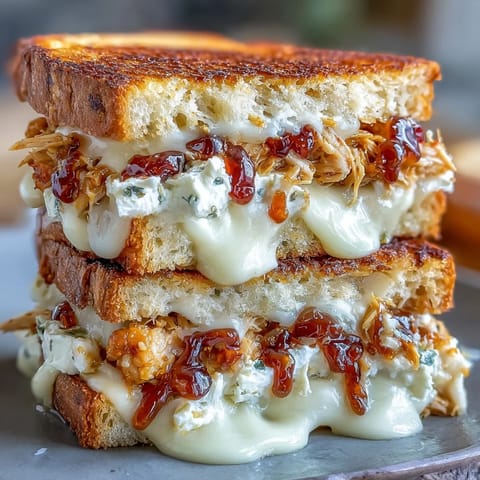 Goldene Goat Cheese & Hot Honey Chicken Grilled Cheese sandwich mit knuspriger Kruste