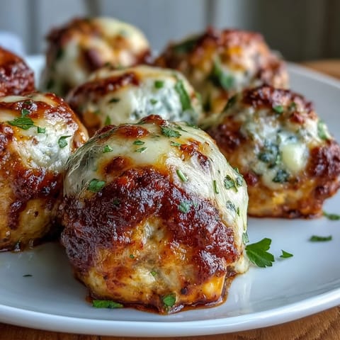 Käsekruste auf gebackenen Baked Spicy Chicken Parm Meatballs in Tomatensauce.