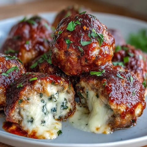 Ein Teller Baked Spicy Chicken Parm Meatballs mit Nudeln und Petersilie.