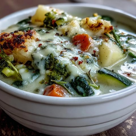 A spoon dipping into the creamy Garlic Parmesan Veggie Soup with crusty bread on the side.