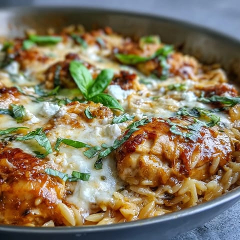 Güldene Orzo-Pasta in One-Pan Creamy Chicken Lasagna Orzo, serviert mit frischem Basilikum und knusprigem Brot