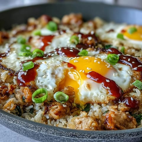 Creamy Korean Turkey Rice Skillet gerichtet mit grünen Zwiebeln und Sesam an einem Abendessen