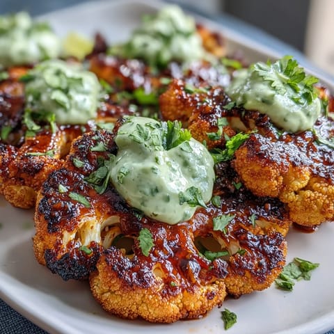 Geröstete Keto Chili Limette Blumenkohlsteaks mit glatter Avocado Crema und frischen Limetten.