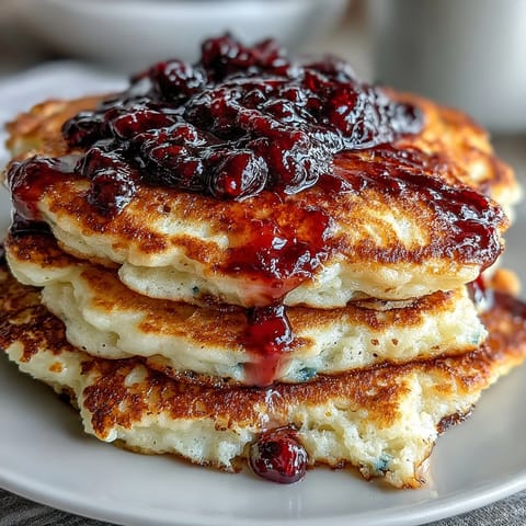Fluffige, proteinreiche griechische Joghurt-Pfannkuchen mit leuchtendem Blaubeer-Kompott. Perfekt für ein gesundes und sättigendes Brunch.