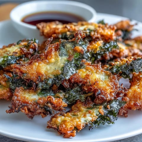 1. Knusprige Tempura-Algenblätter mit goldener Kruste, serviert mit herzhaftem Dipp-Sauce – ein unwiderstehlicher Umami-Snack.