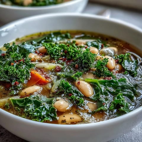 Herzhafte weiße Bohnen und zarter Grünkohl in einer leuchtenden, zitronigen Knoblauchbrühe.  