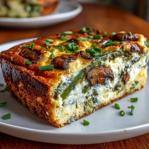 Goldgelbe Frittata mit Spargel, Pilzen und knusprigem Sauerteigboden, perfekt für ein Frühstück oder leichtes Abendessen.