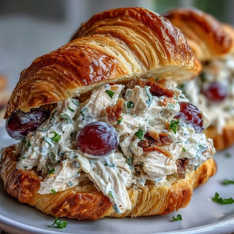1. Picnics Chicken Salad Croissant Sandwiches mit Trauben auf einer Picknickdecke serviert.