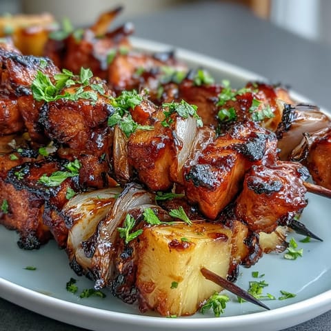 2. Gegrillte Hähnchen-Pineapple-Spieße mit karamellisierten roten Zwiebeln und rauchiger BBQ-Glasur.