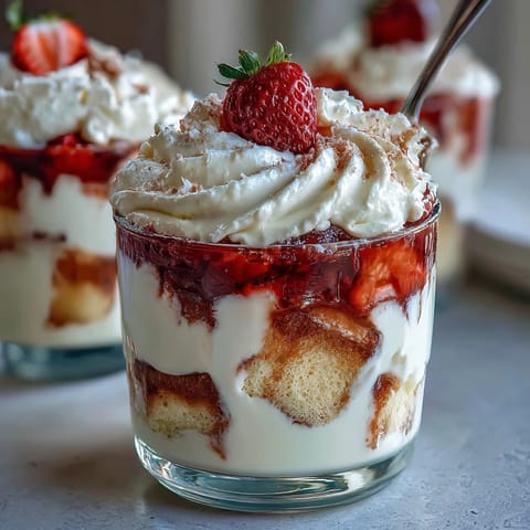 1. Strawberry Shortcake Trifle in Mason Jars mit Schichten aus luftigem Biskuit, frischen Erdbeeren und cremiger Schlagsahne.